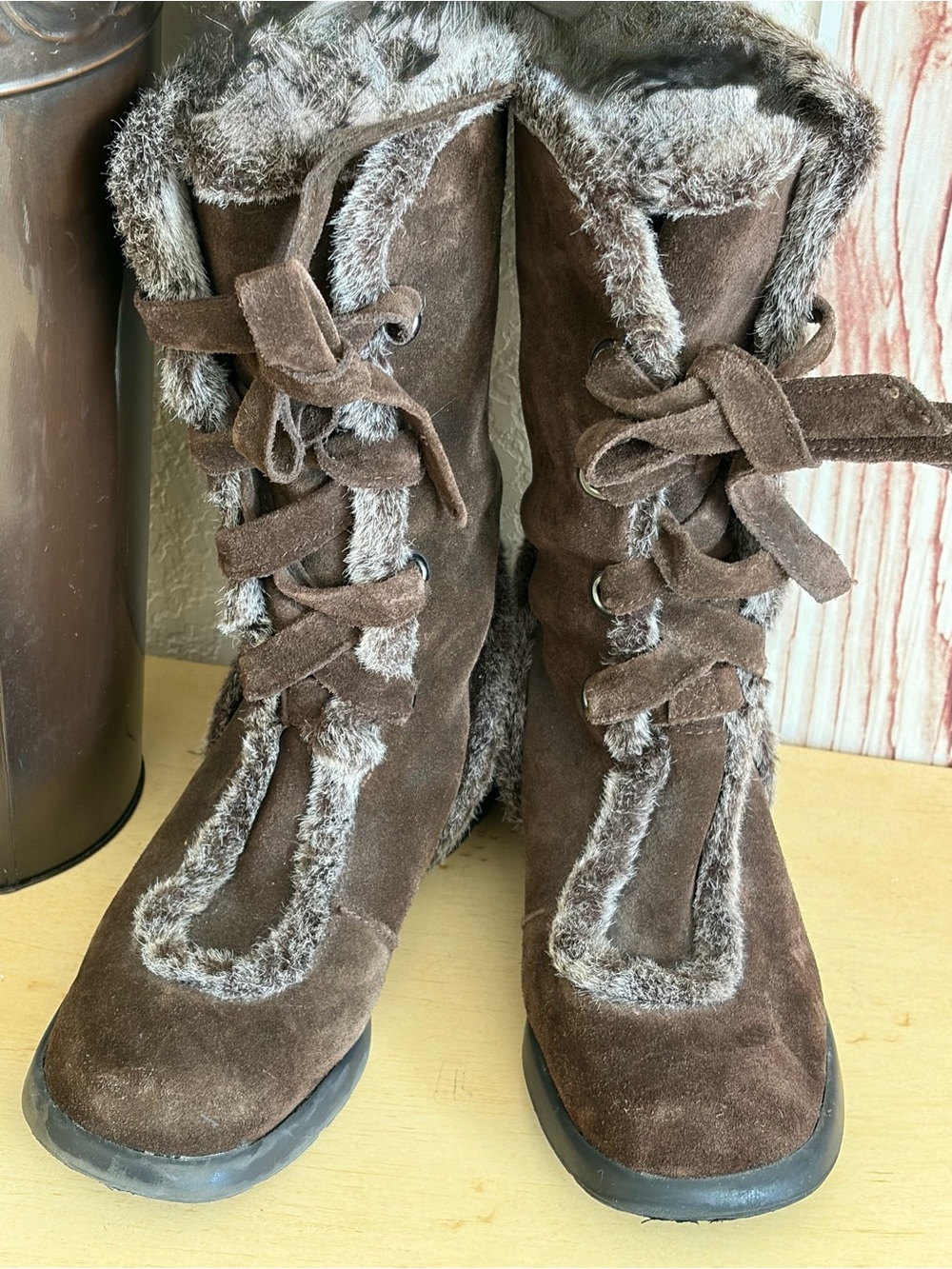 Aerosoles Mid Calf Boots Chocolate Brown Faux Suede & Fur Accents with Tie Laces